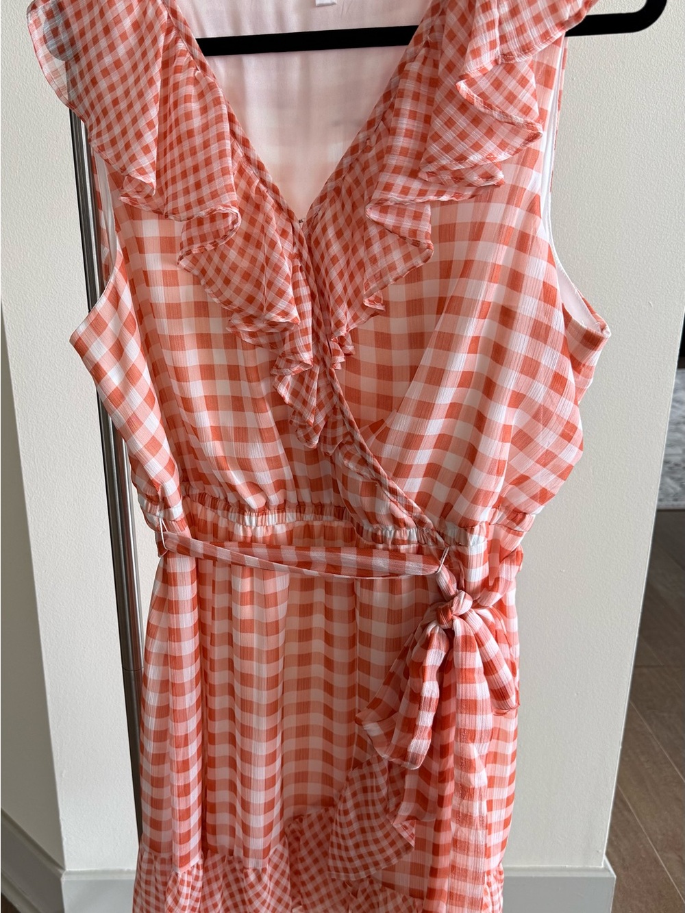 LC Lauren Conrad Coral and White Gingham Dress with Ruffle Trim